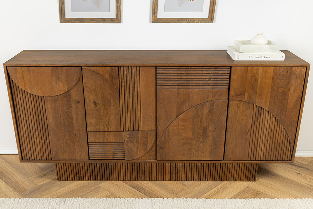 Design Sideboard ART DECO 170cm braun smoked Mangoholz massiv 3D-Front
