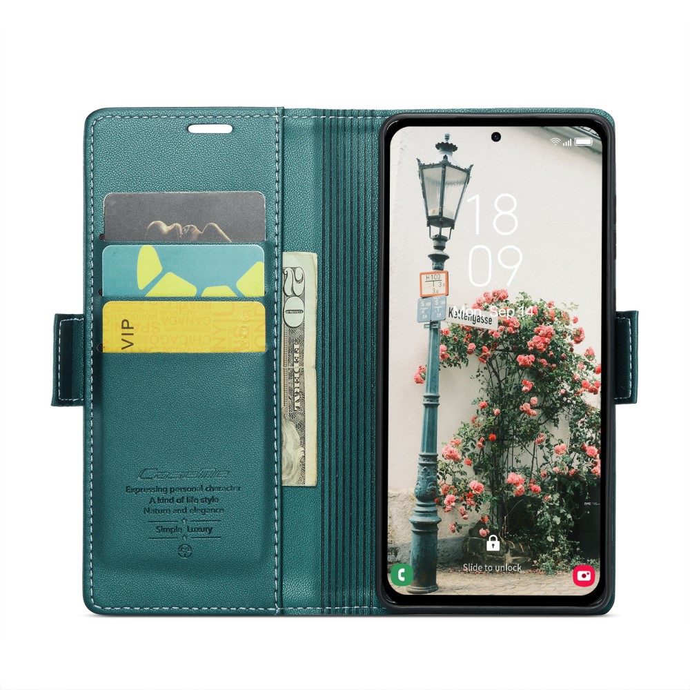 Samsung Galaxy A55 Leder Tasche Flip Wallet Etui mit Kartenfächern Litchi Look (RFID Schutz) - Grün