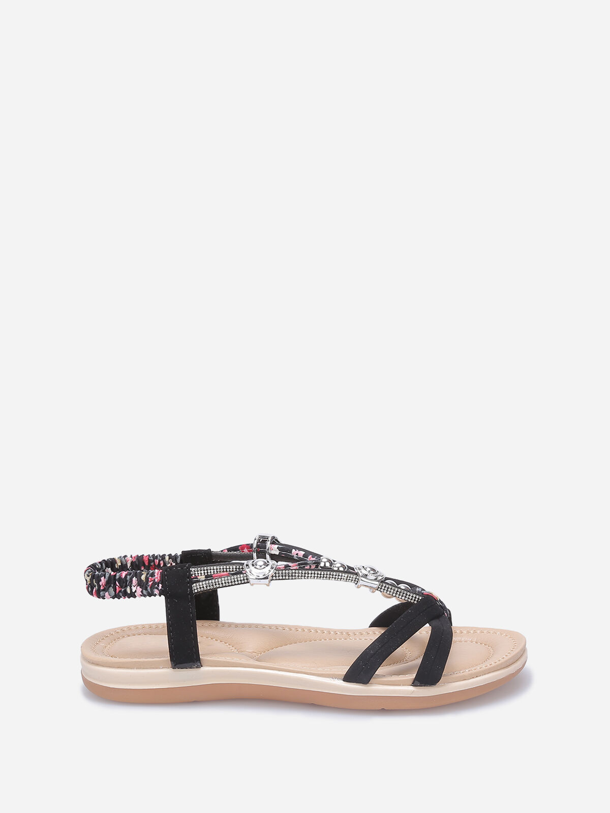 Nu-pieds à brides fleuries en strass et perles- Noir