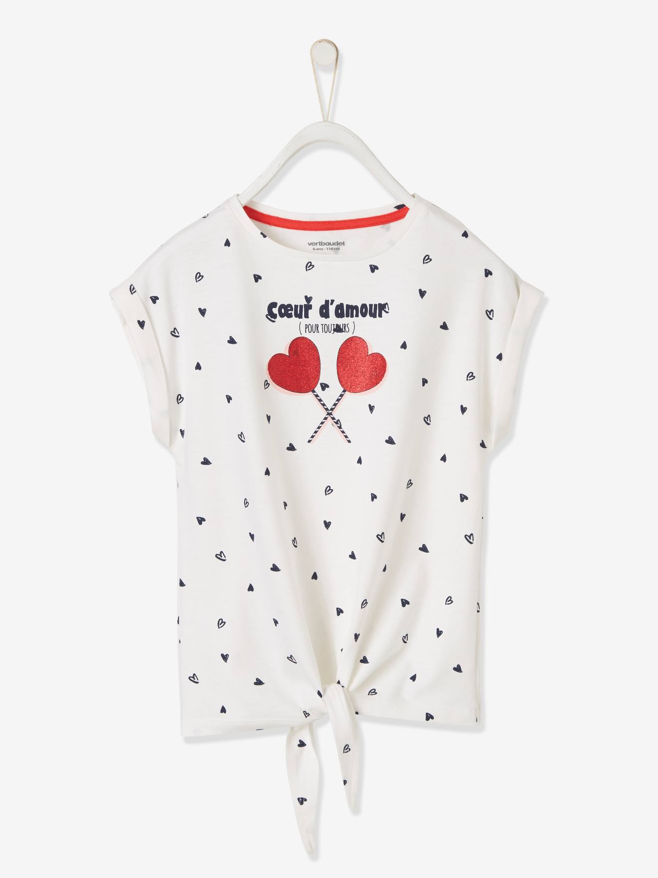 Camiseta com estampa de corações e detalhes iridescentes, para meninas, em branco claro.