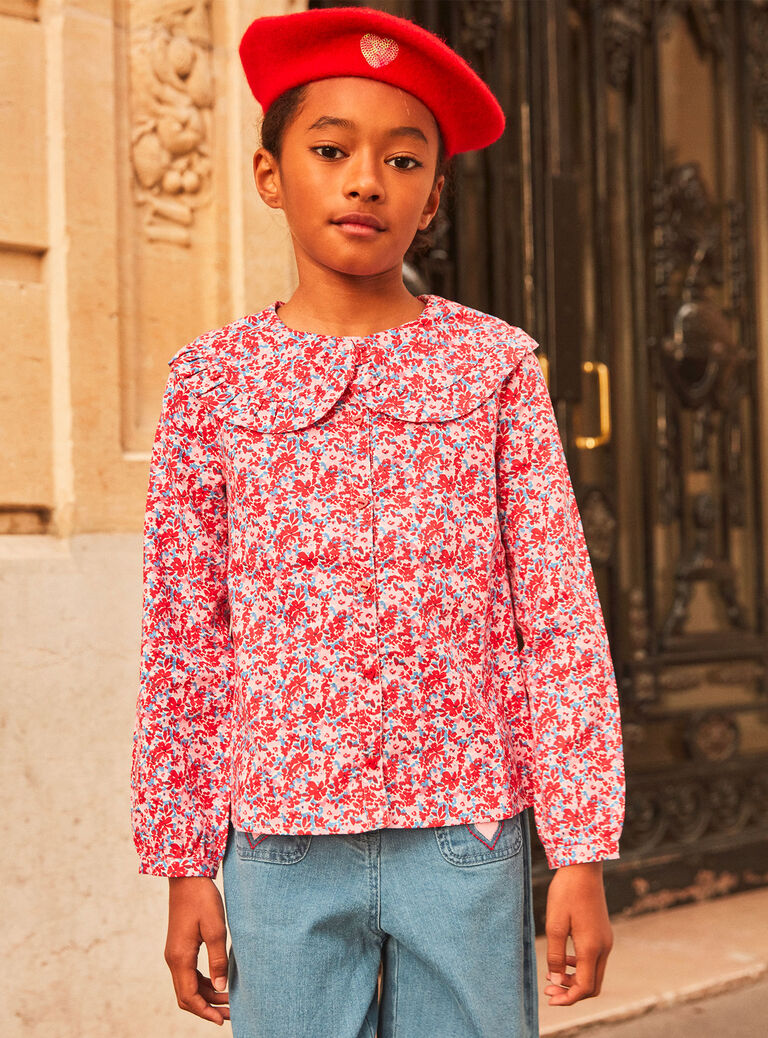 Chemisier rose, rouge et lilas à imprimé fleuri en twill gratté