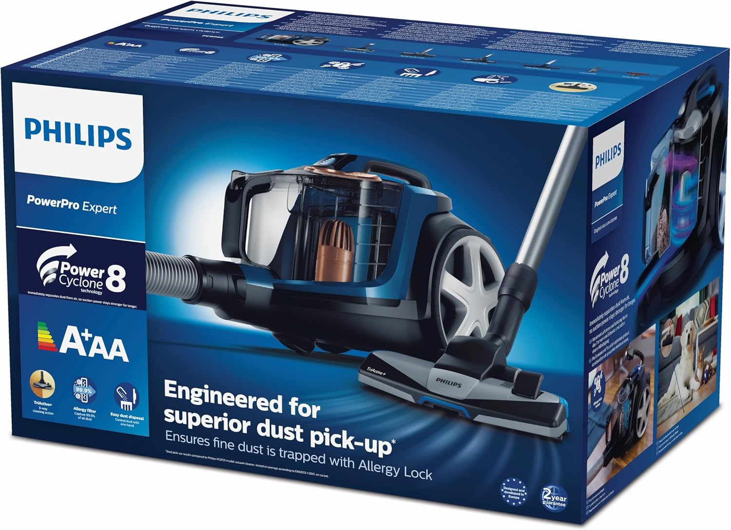Philips PowerPro Expert Beutelloser Staubsauger – Kompakt, 900-W-Motor, PowerCyclone 8 Technologie für starke Saugleistung, Multi-Oberflächen-Reinigung, Allergy Lock, Super Turbo Bürste (FC9745/09)