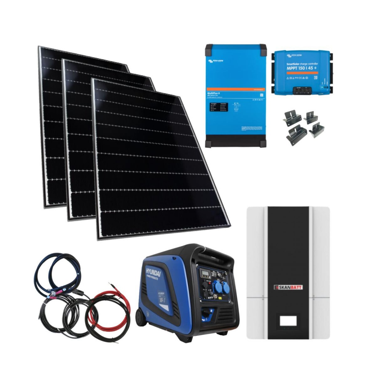 SKANBATT / VICTRON Kraftpakke 230V 3000VA - 1230W (3x410W) Solceller - Med LITHIUM Batterier og HYUNDAI 3900W Aggregat