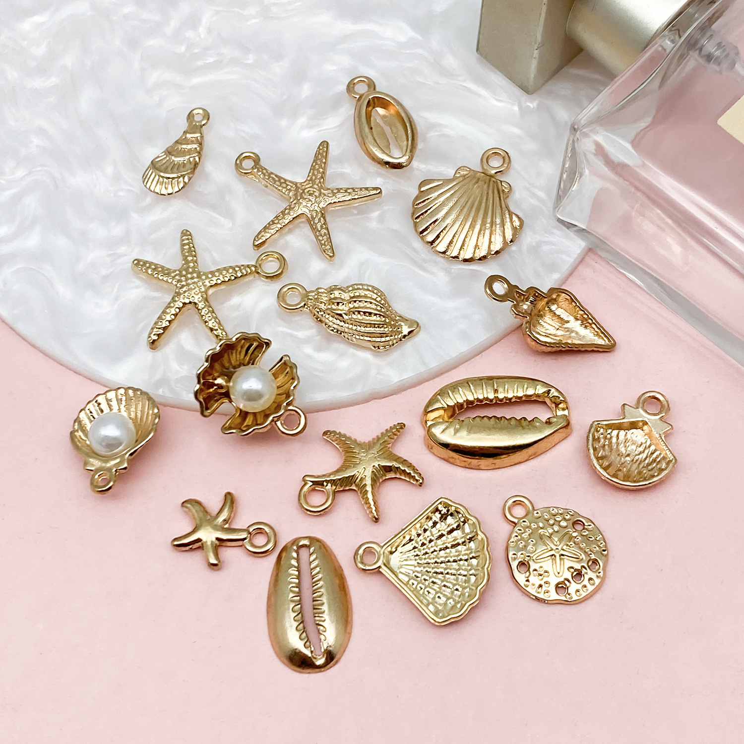 (16er Set) Glas Markierer Wiederverwendbare Trinkglas Muschel Charms Markierungs Anhänger - Gold