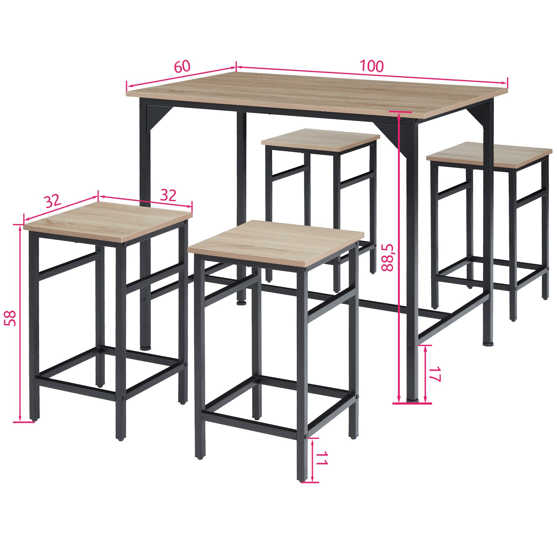 tectake® Bartisch-Set, 5-teilig, Industrial Style, mit höhenverstellbaren Kunststofffüßen
