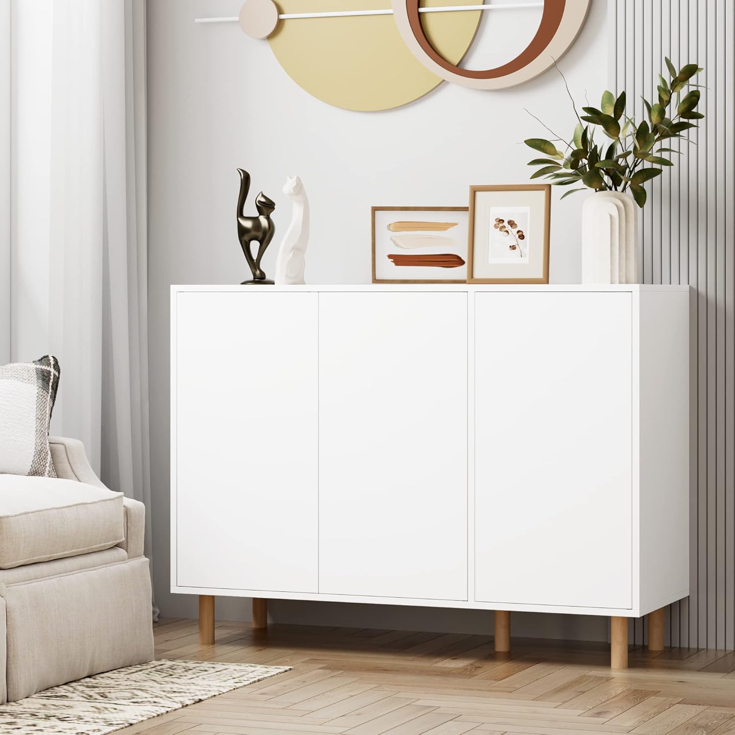 FirFurd Sideboard, Kommode weiß, Küchenschrank mit 3 Türen, griffloses Design, verstellbare Regale, 107x40x80cm(BxTxH)