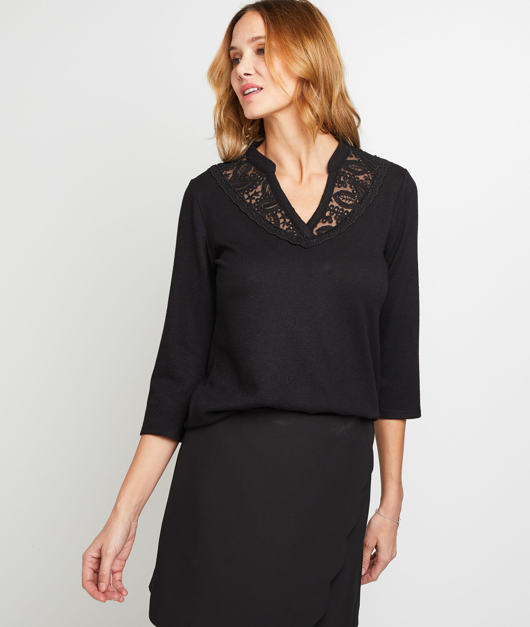 T-shirt col tunisien femme - NOIR