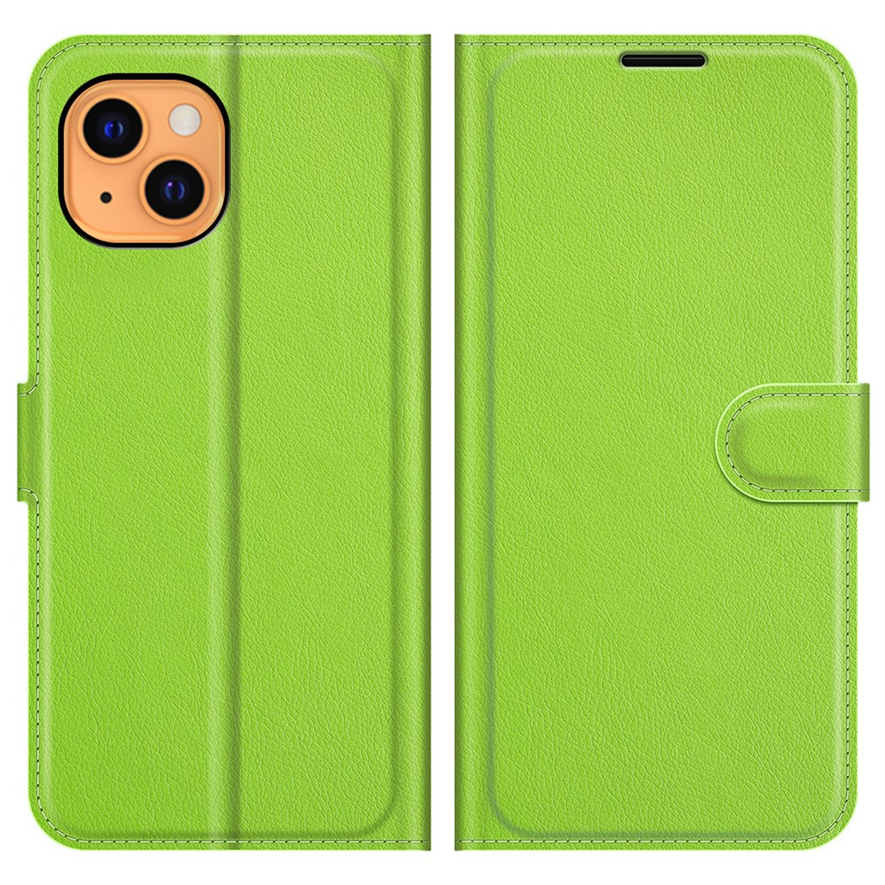 iPhone 13 Leder Tasche Flip Cover Litchi Look - Grün