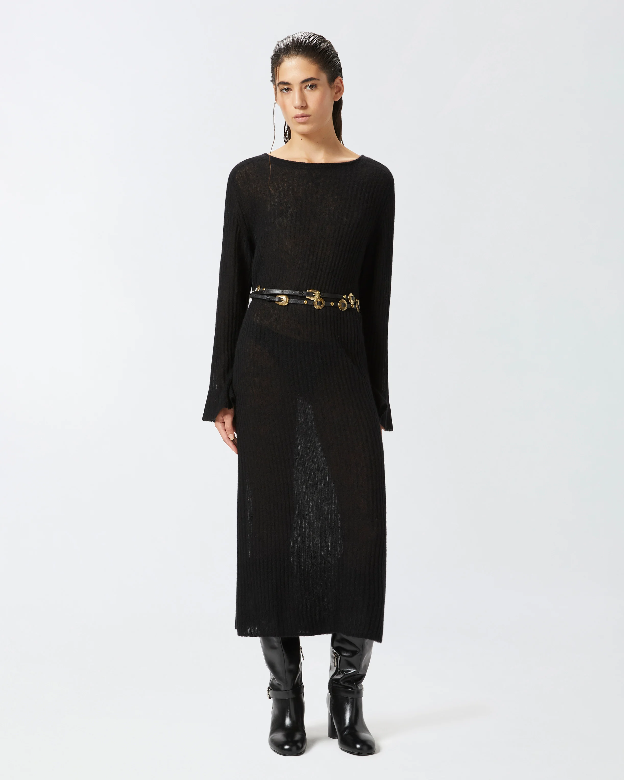 Robe longue côtelée légère effet voile | Noir