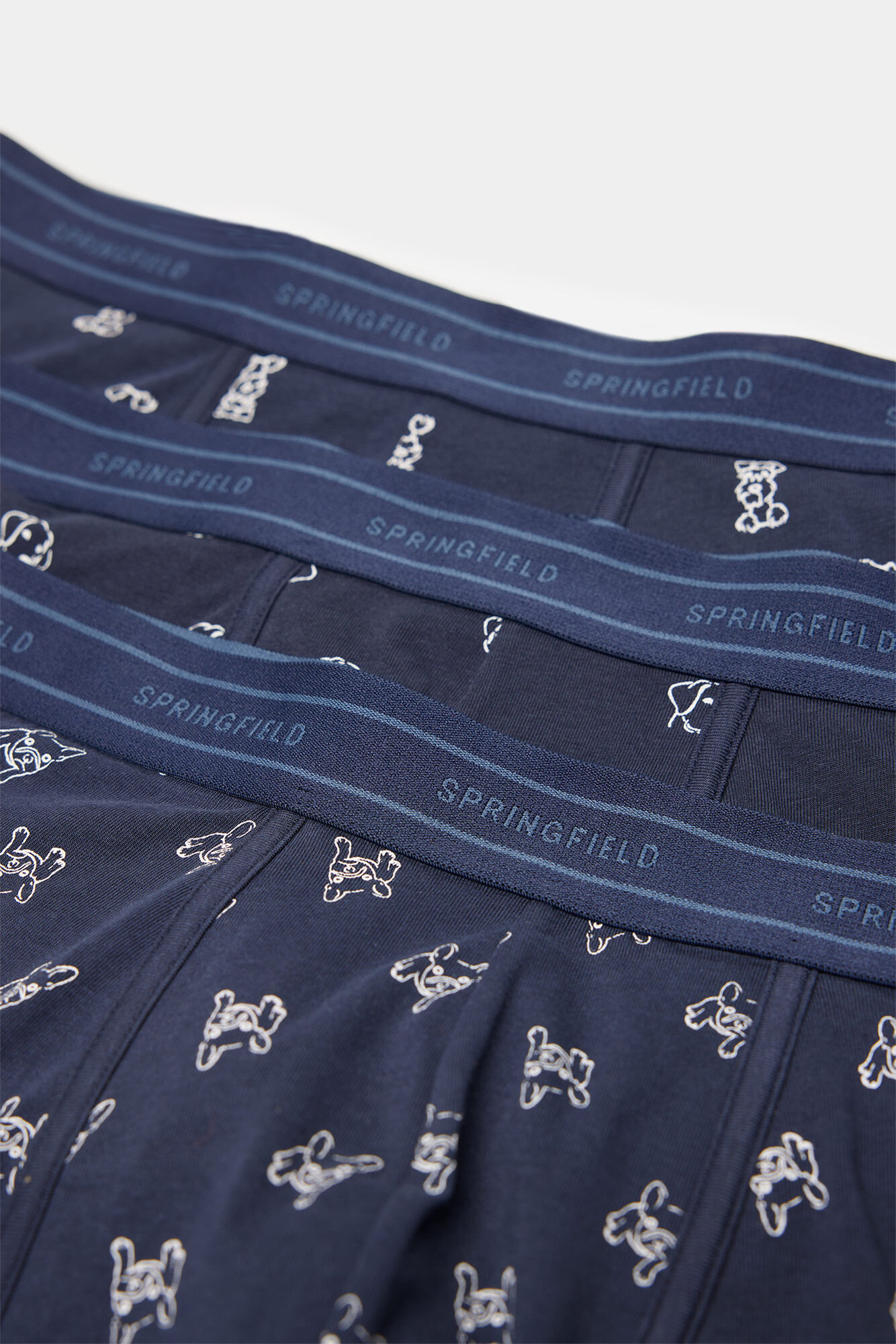 Conjunto de 3 cuecas boxer azuis de algodão com estampa de cachorro.