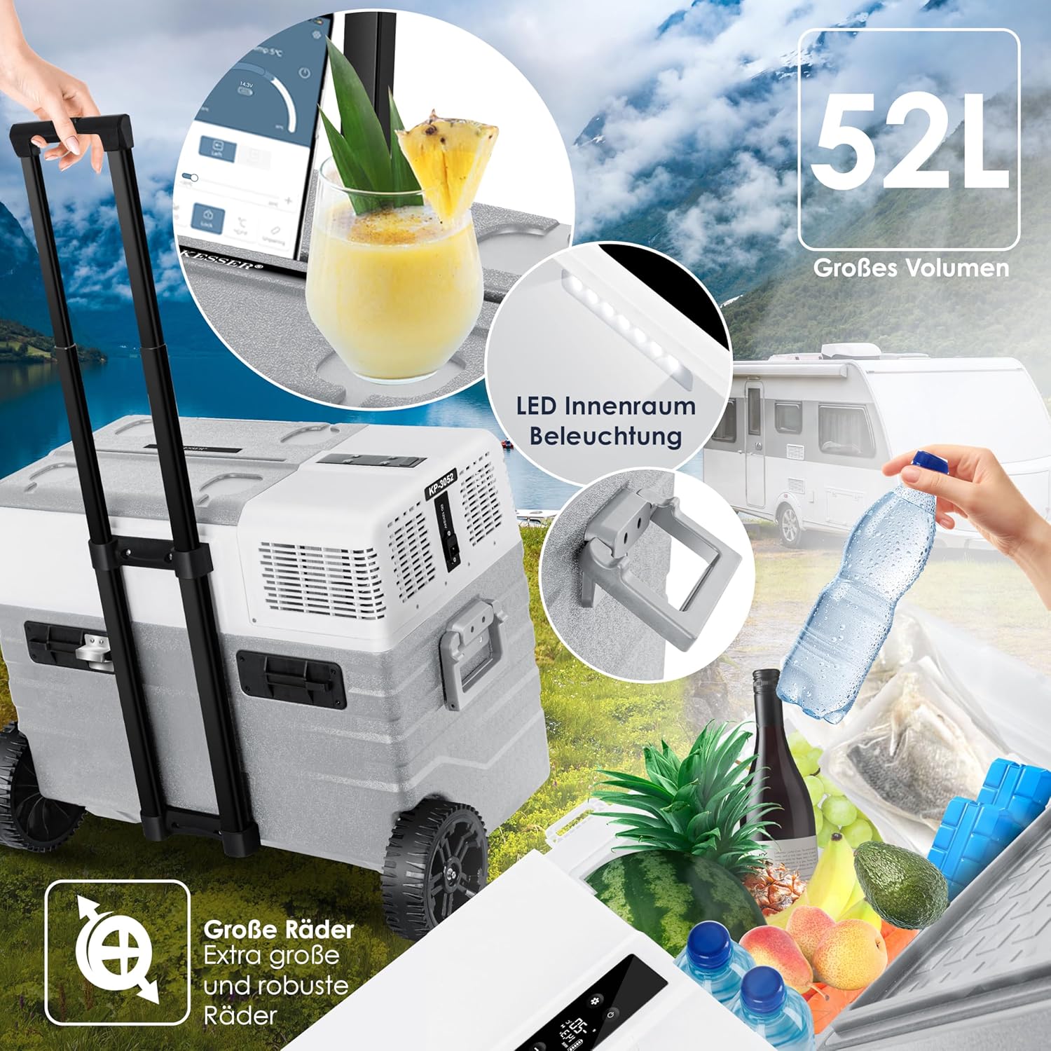 KESSER® Kompressor Kühlbox elektrisch Gefrierbox, 52 Liter Mit APP-Steuerung USB-Anschluss 12/24 V 230V, +Teleskopstange, 2x Kühlbox Räder Kühlschrank Kühlung bis -20 °C für Auto, Lkw, Boot + Kühlakku