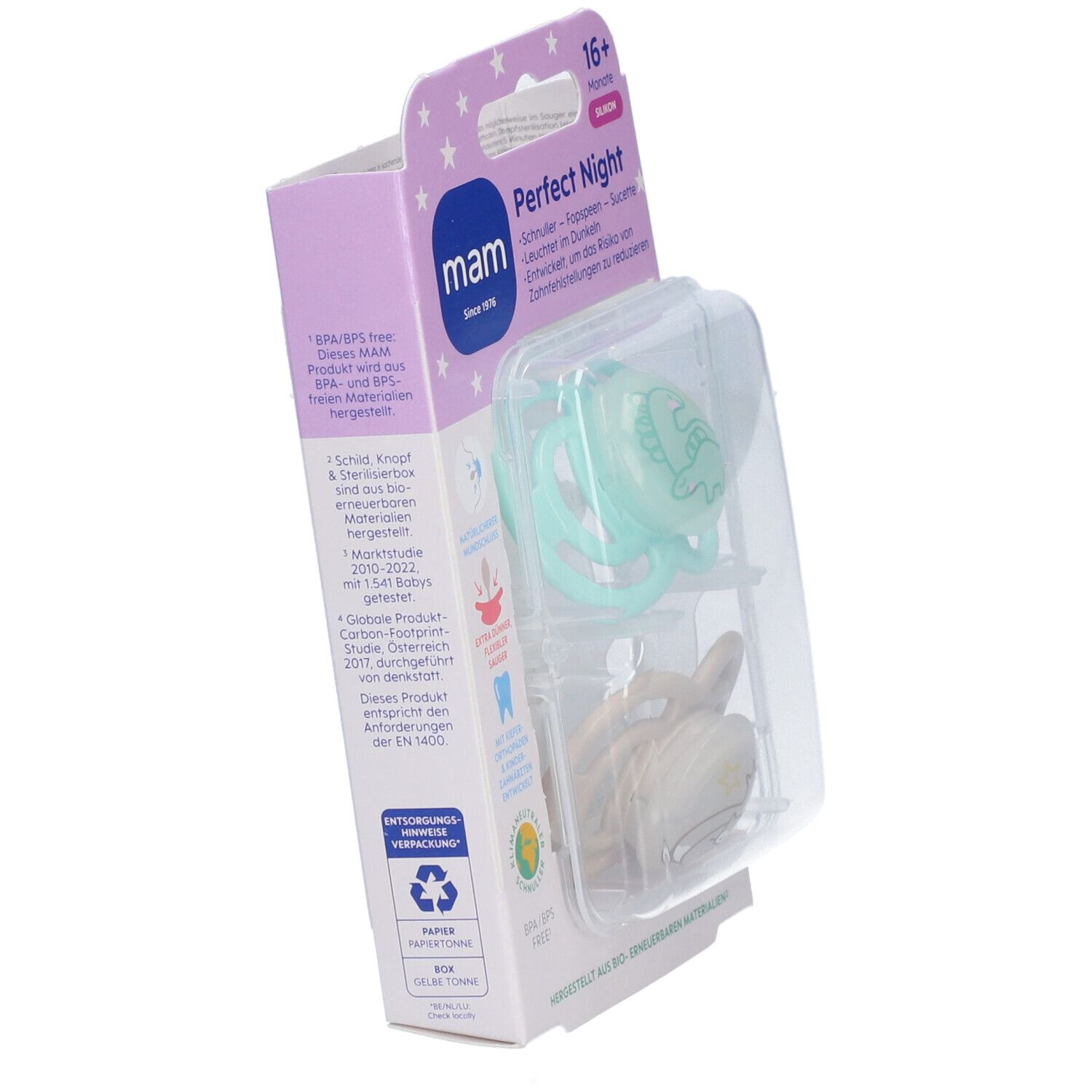 MAM Perfect Night Silikonschnuller 16+ Monate, mint/creme