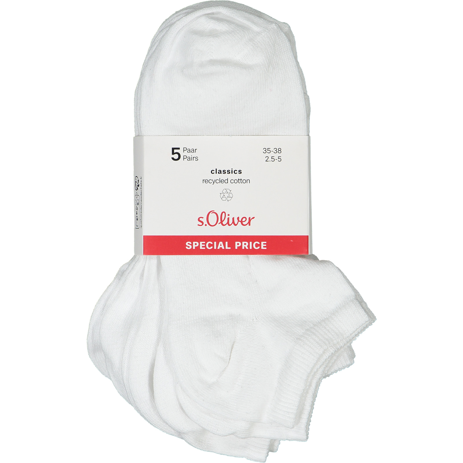 S.Oliver Damen-Sneakersocken uni, 5 Paar 39-42, weiss