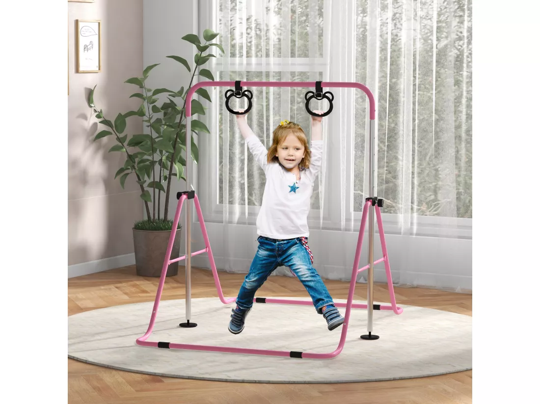 Portique d'anneaux double haubanage hauteur réglable dim. 148L x 105l x 88-128H cm acier rose