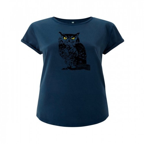 Camiseta feminina com estampa de coruja, azul