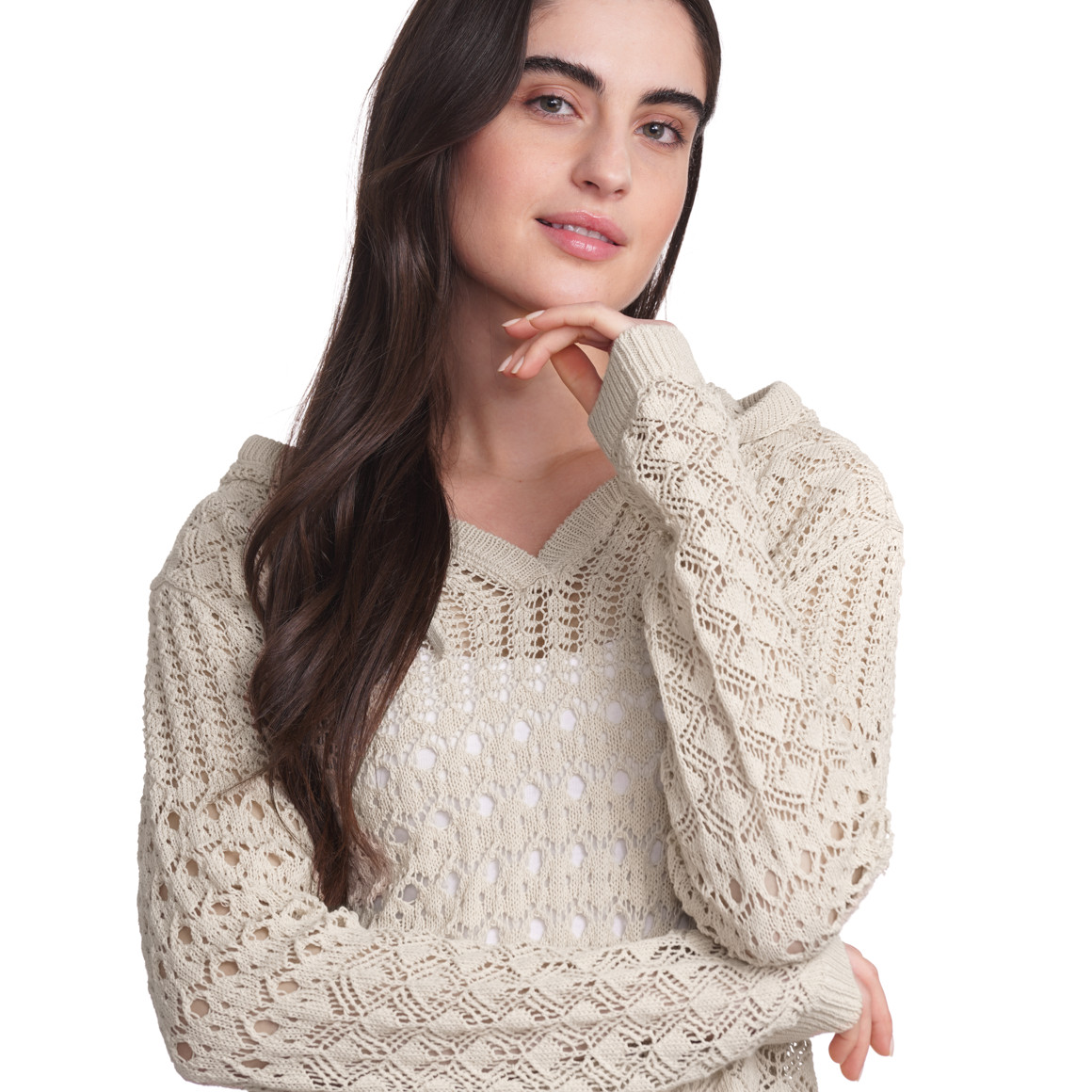 Gina Damen Strickpullover mit Ajour-Muster beige