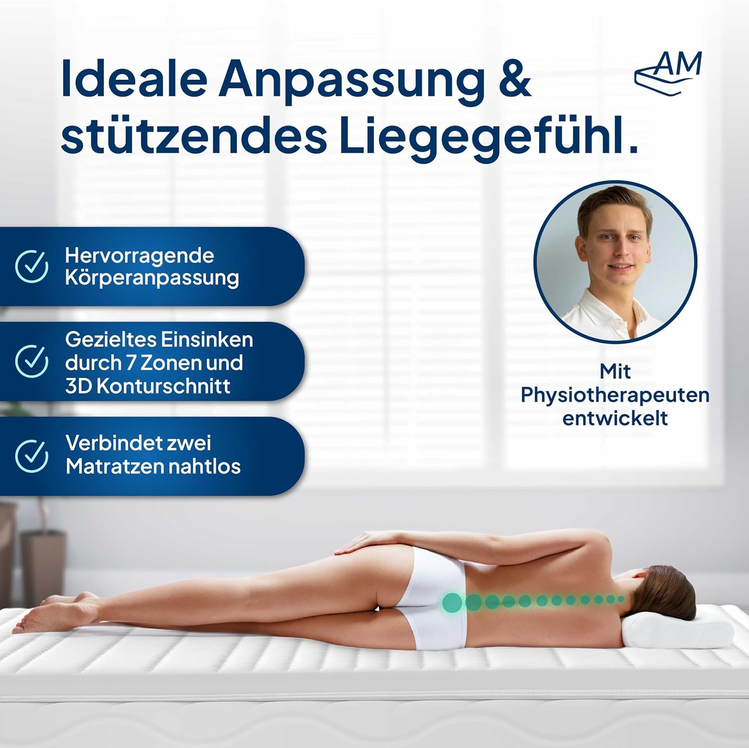 AM Qualitätsmatratzen 3D Deluxe 7 Zonen Kaltschaum Topper 160x190cm RG50 - Made in Germany - Atmungsaktiver Topper 160x190-8cm - Matratzenauflage 160x190 mit Lyocell Bezug und Anti-Rutsch Funktion