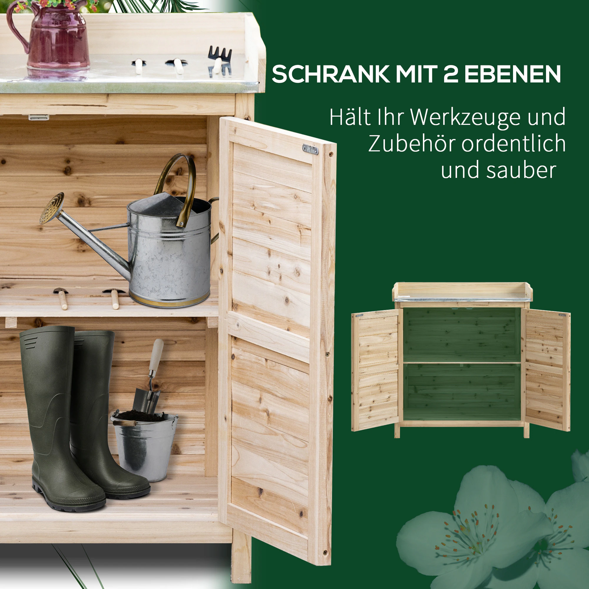 Outsunny Gartenschrank mit verzinkten Griffen und erhöhtem Rand natur 83B x 40T x 92H cm