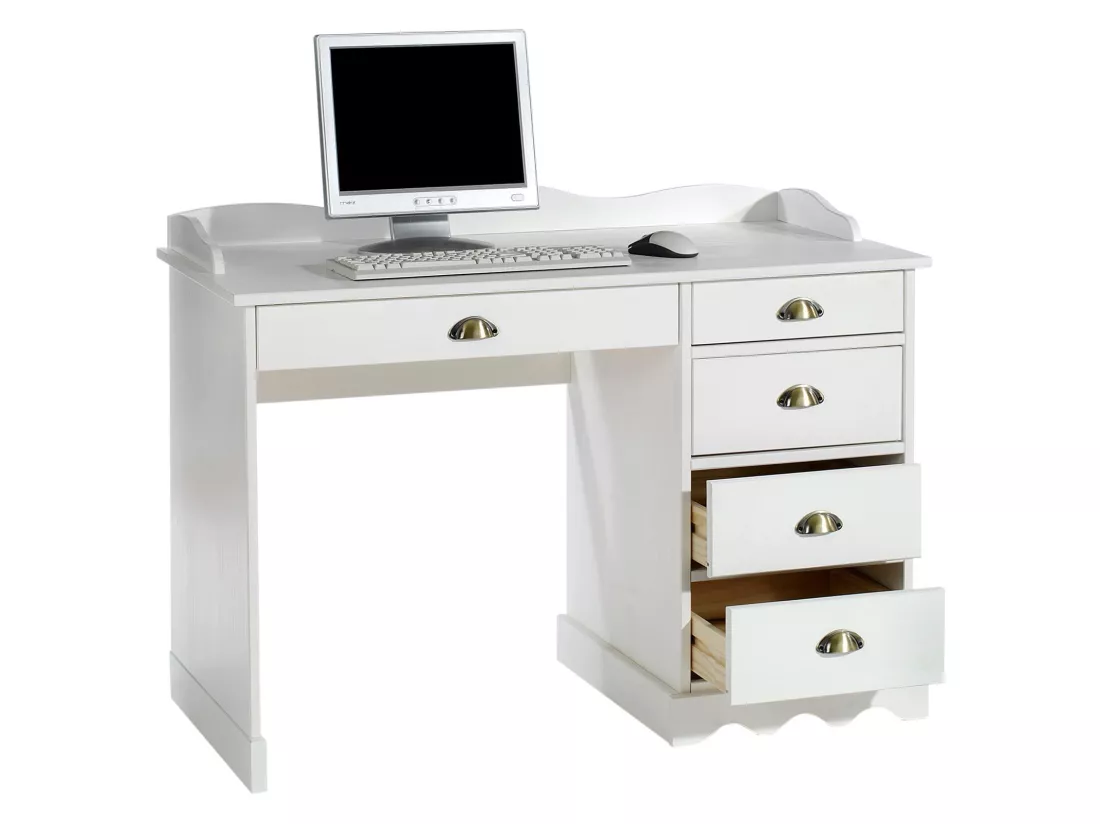 Bureau COLETTE rangement avec 5 tiroirs et plateau avec corniche, en pin massif lasuré blanc