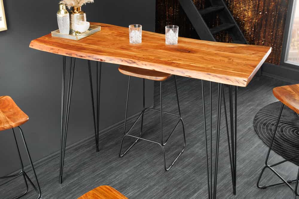 Massivholz Bartisch MAMMUT 140cm natur Akazie Baumkante Metall schwarz Hairpin Legs