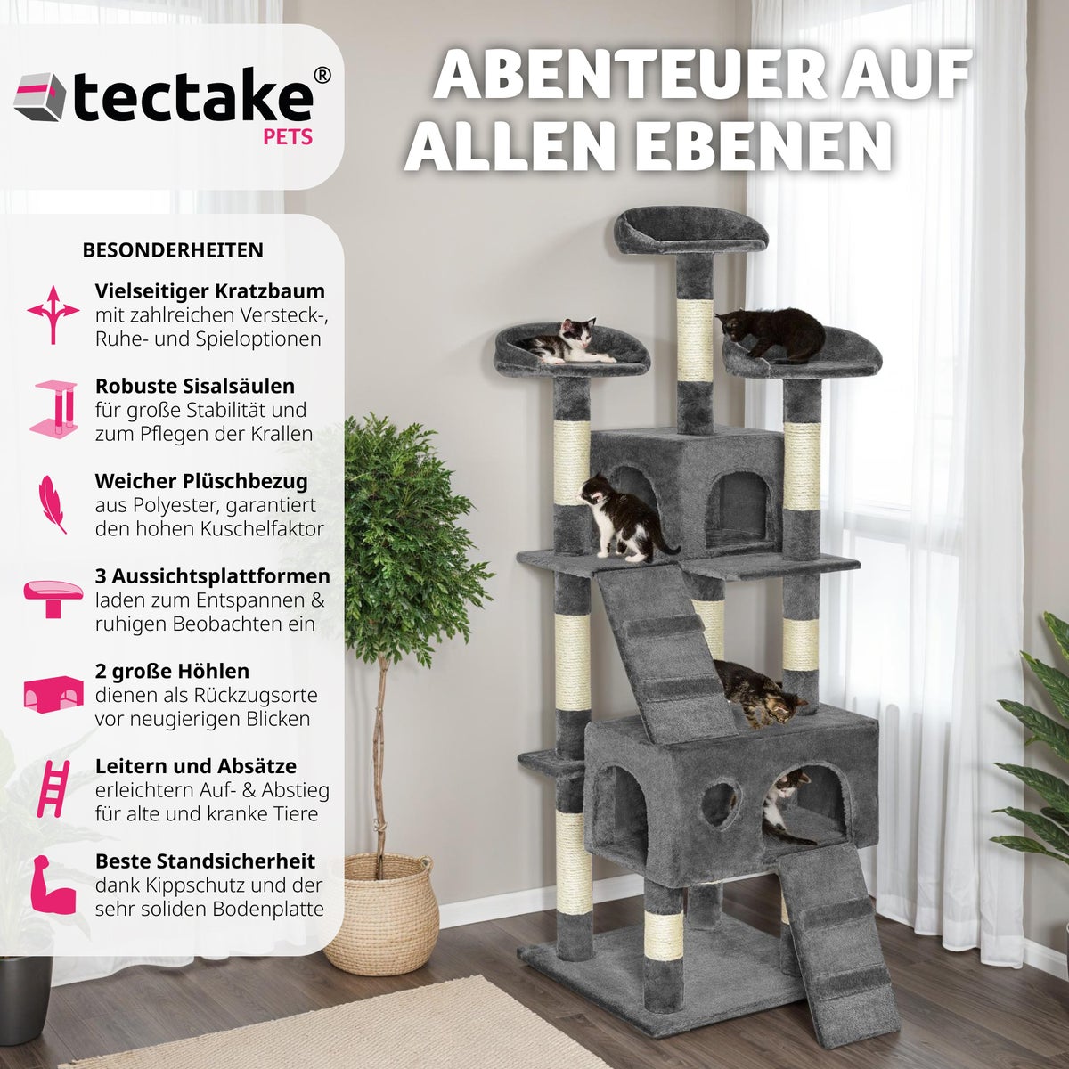tectake Mogli 170 cm kattenboom inclusief 2 trappen en anti-kantelvoorziening