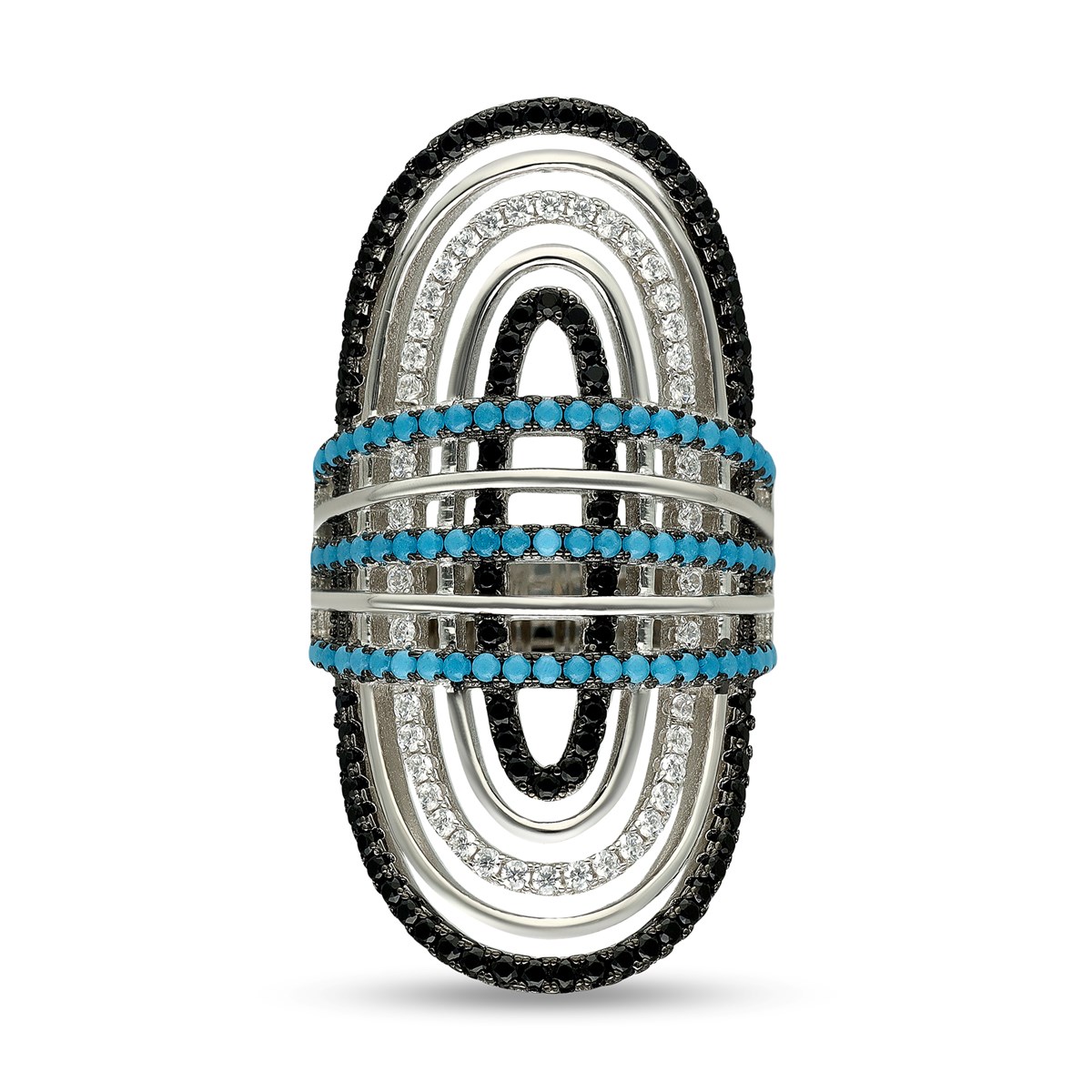 Bague Argent Ellipse Moderne Rhodiée Sertie Turquoise