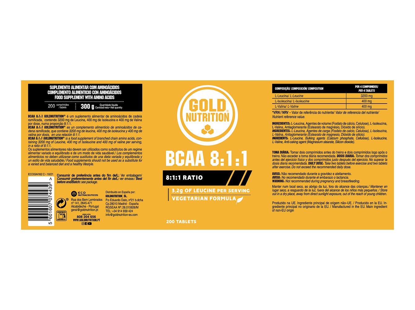 SUPLEMENTO GOLDNUTRITION BCAA 8 1 1 VEGETARIANO 200 COMP