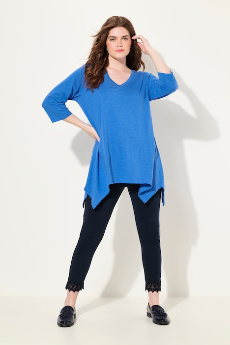 Shirt, Zipfelsaum, V-Ausschnitt, 3/4-Arm, Biobaumwolle