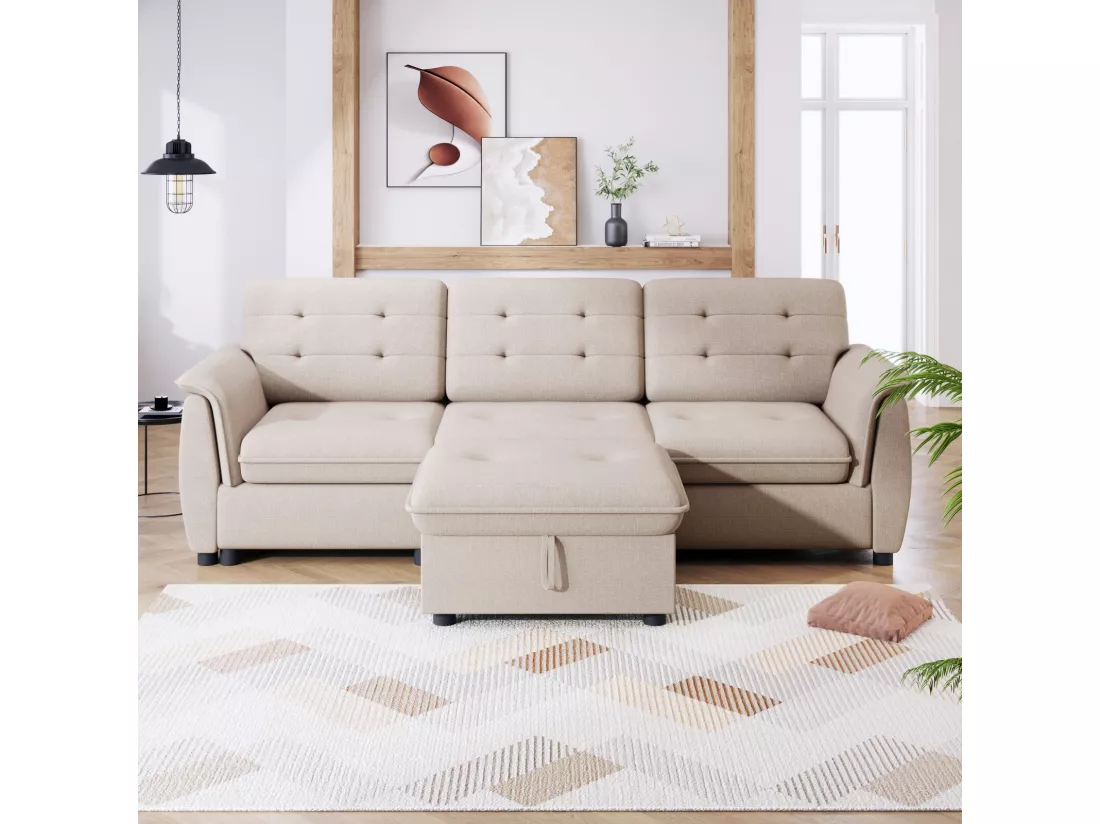 Canapé d'angle réversible, avec repose-pied rangement et accoudoirs, 239x139x84cm, Beige