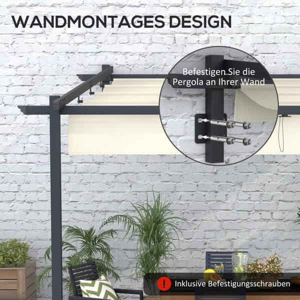 Gazebo Ca 3 X 3 M Pergola Vindtett Uteplasstak, Veggmontert Uteplass, Justerbart Tak, For Hage, Uteplass, Krem.