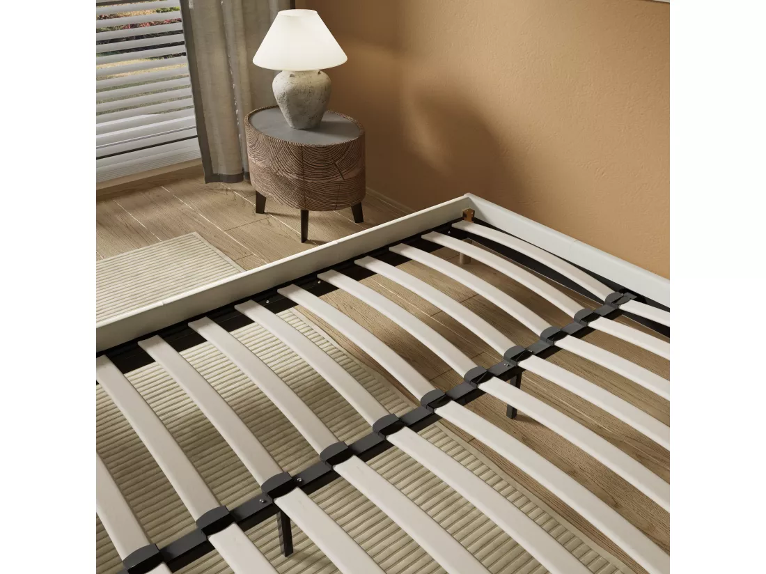 Sommier 160x200 cm, Revêtement en tissu Blanc Crème, Pieds en bois