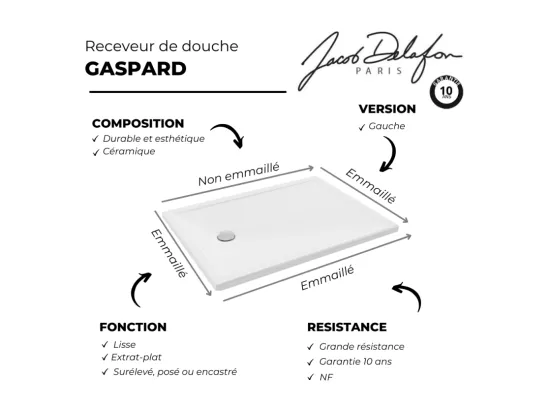 Receveur de douche 120 x 90 JACOB DELAFON Gaspard extra-plat céramique bonde à gauche + Kit de réhausse