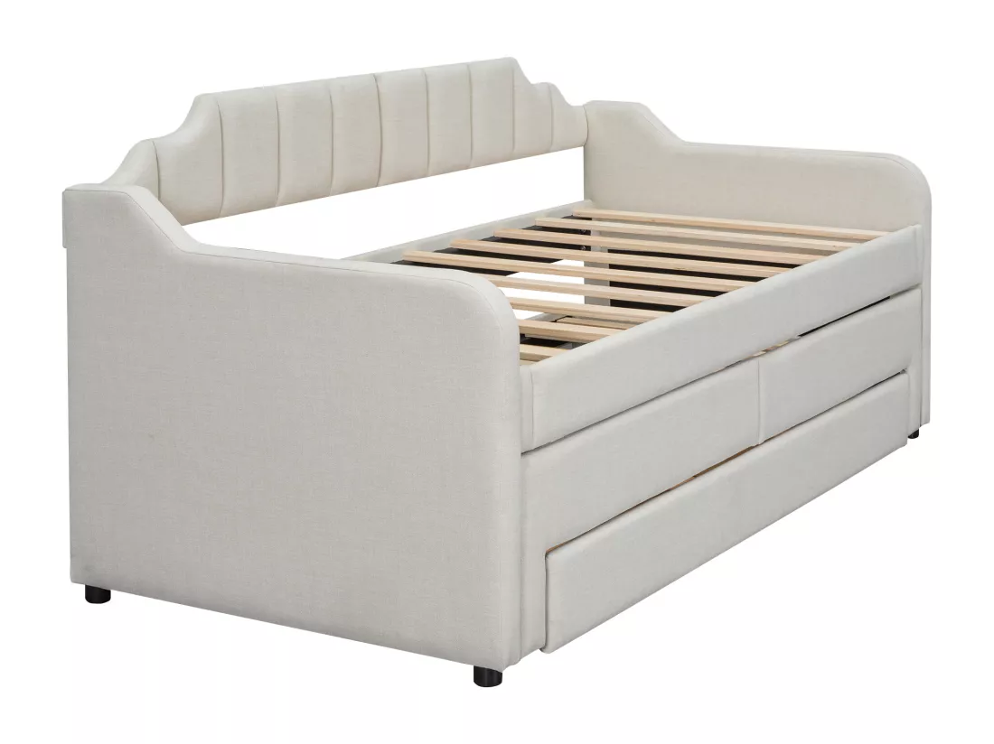 Lit banquette avec tiroirs rembourré en lin - 90x200cm + 90x190cm - Beige