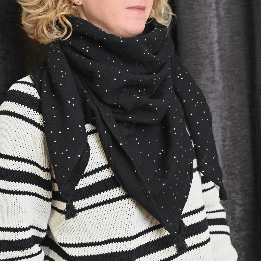 Foulard Pompon Gaze Pois Or Noir