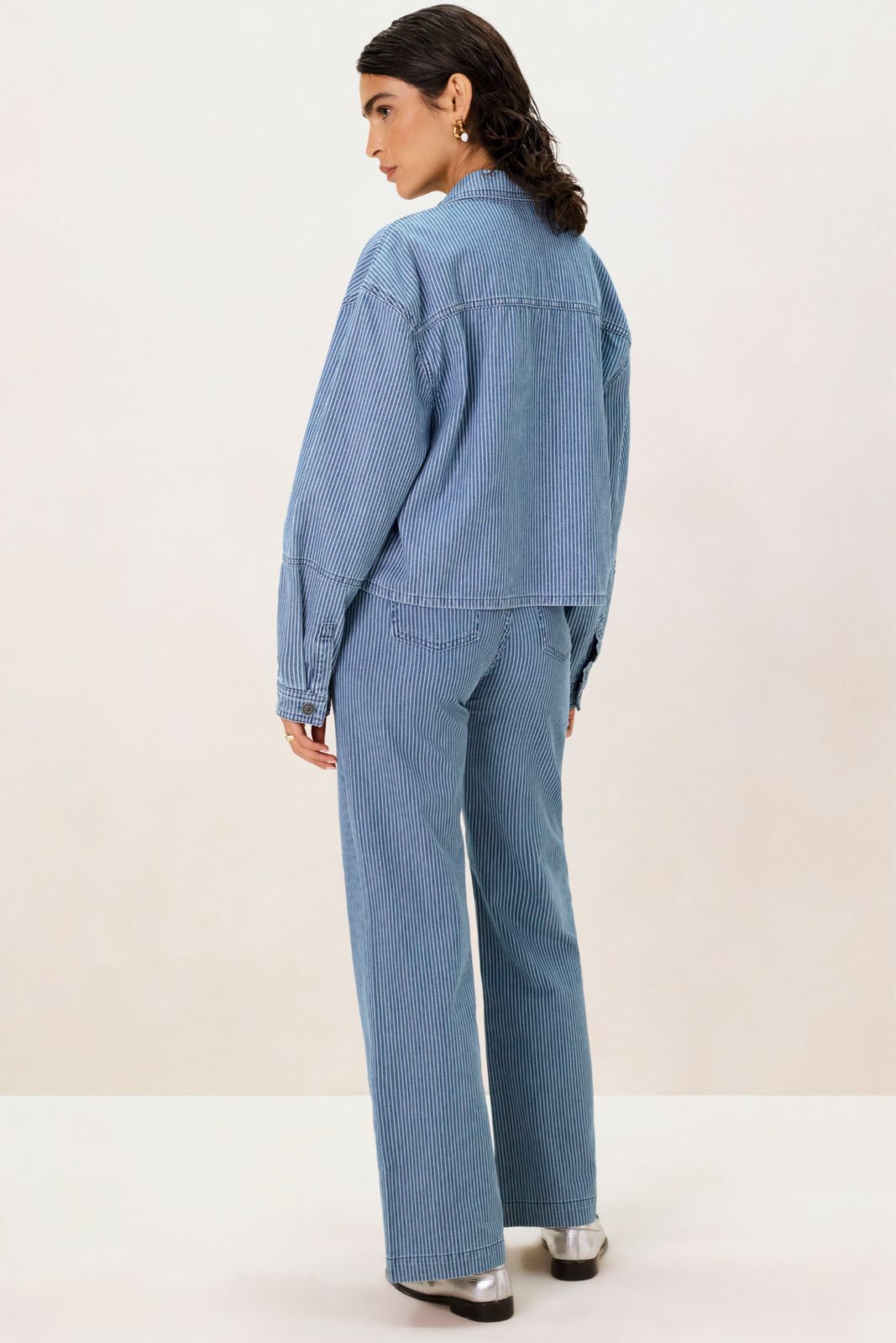 Denim cropped jas met streepjes patroon