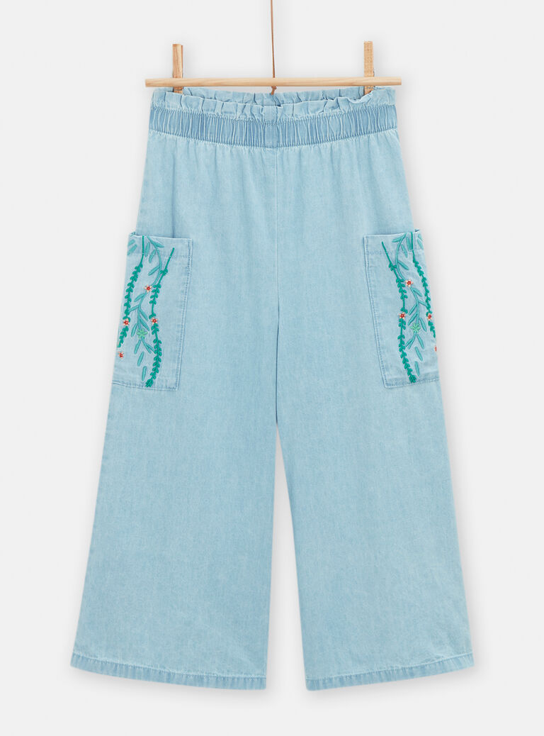 Pantalon large en denim claire avec broderie pour fille
