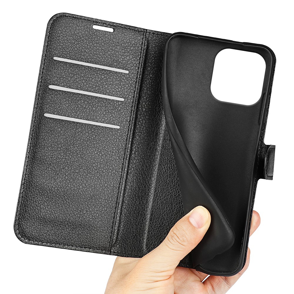 iPhone 16 Pro Max Leder Tasche Flip Cover Litchi Look - Schwarz