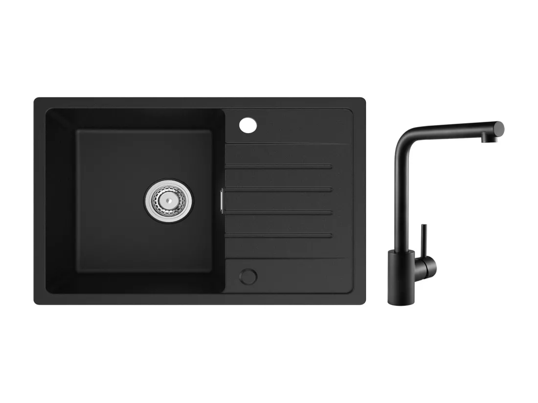 Evier 1 Bac en Quartz et Résine - Noir Evier avec Egouttoir 78x45cm + Mitigeur de Evier Noir Rrotatif à 360 °