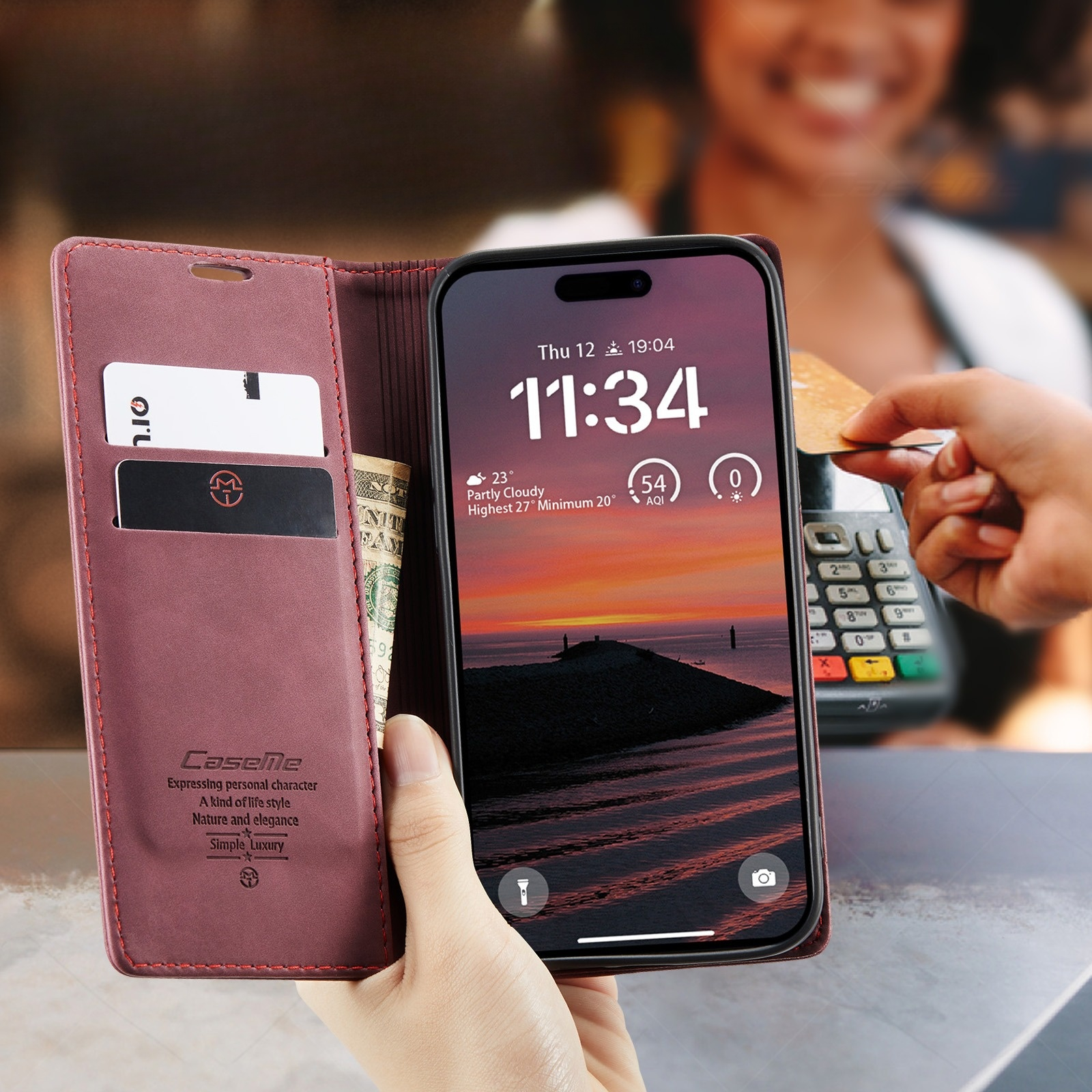 iPhone 17 Pro Max Leder Tasche Flip Wallet Etui mit Kartenfächern - Rot