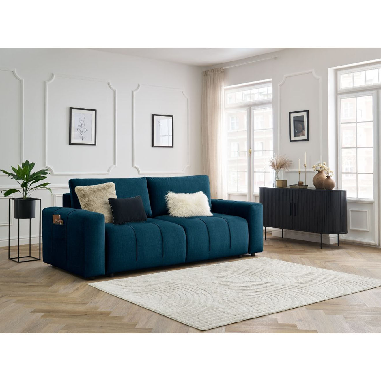 Bobochic Canapé droit convertible en Velours 3 places Arsène avec coffre bleu - 248x105x90 cm