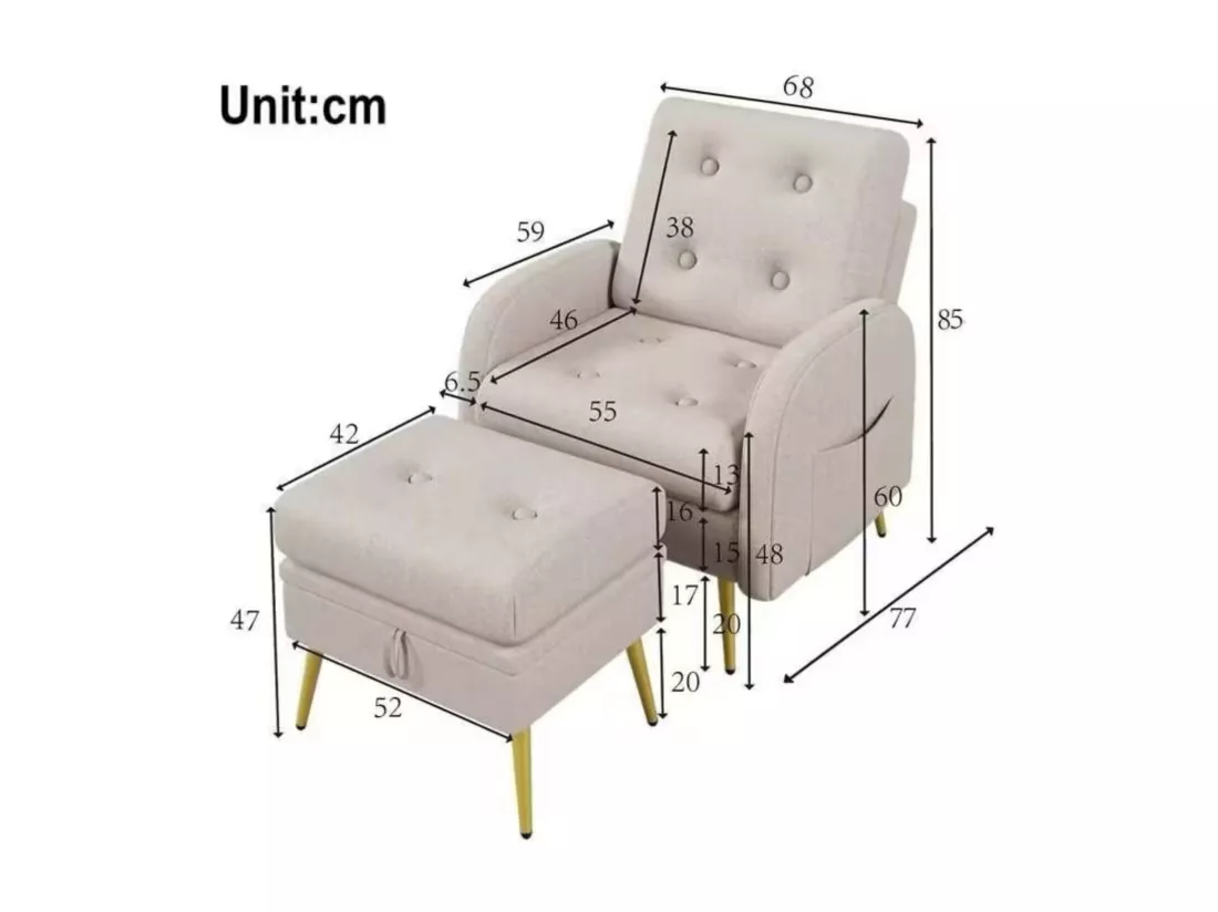 Fauteuil en tissu polypropylène, avec pouf de rangement, dossier réglable en 3 niveaux, 68x77x85cm, Beige