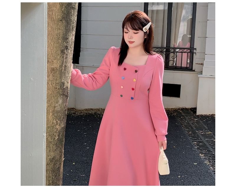 Tripoly - Plus-size lange mouwen vierkante hals effen maxi A-lijn jurk met hartvormige knopen