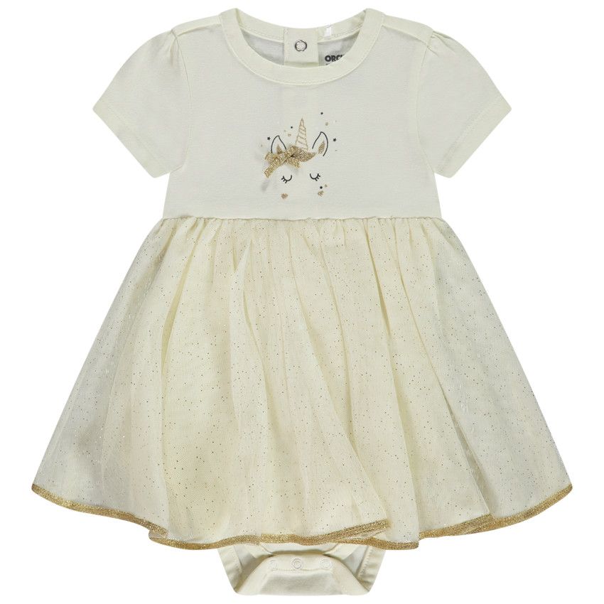 Robe body de cérémonie à tulle pailleté Licorne pour bébé fille - Ecru