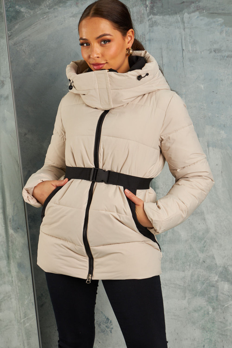 Doudoune courte matelassée ceinture à clip beige