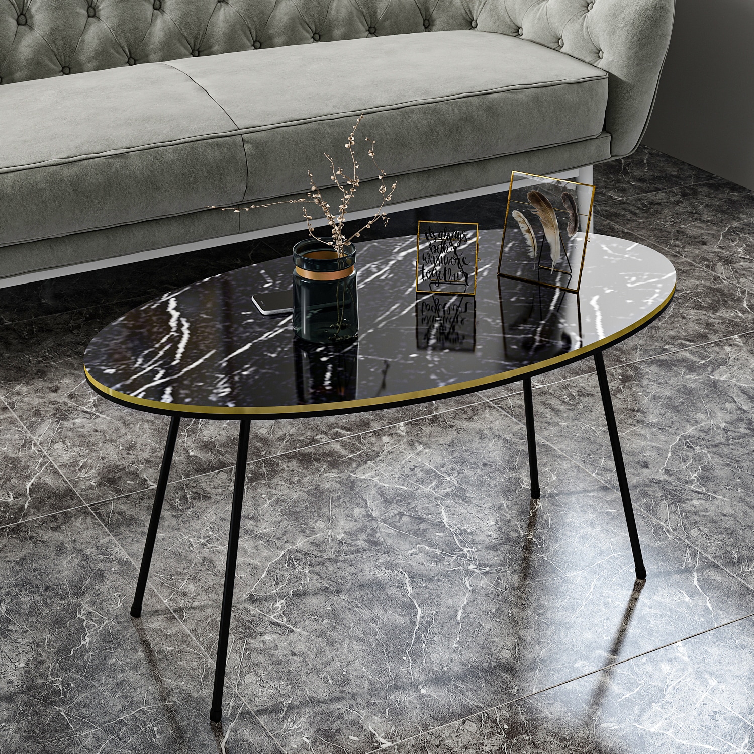 Couchtisch Marmor Optik Oval Schwarz 22126948