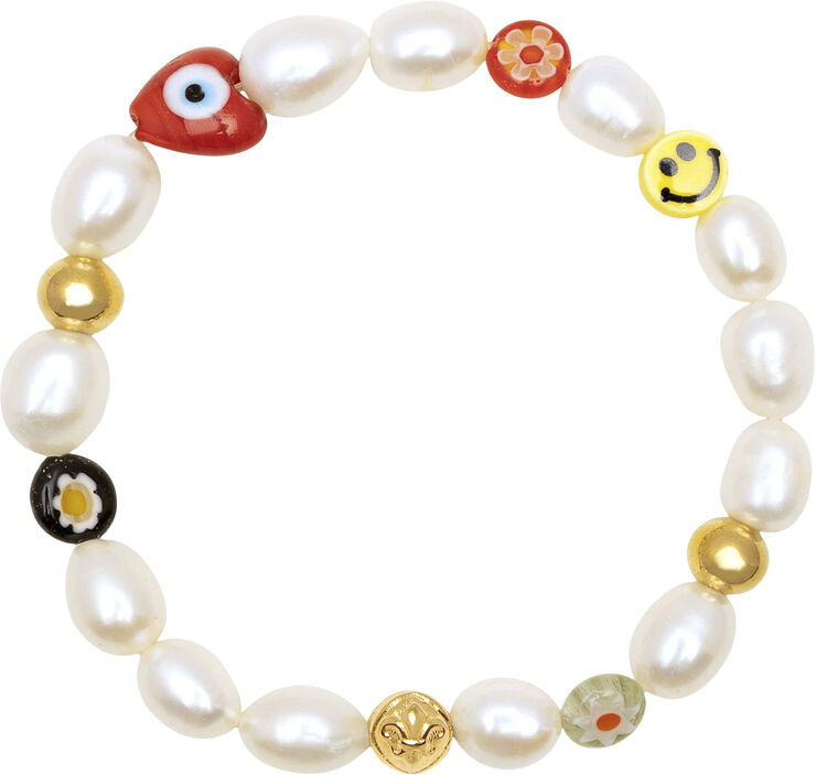 Nialaya Men's Smiley Face Pearl Bracelet Multi