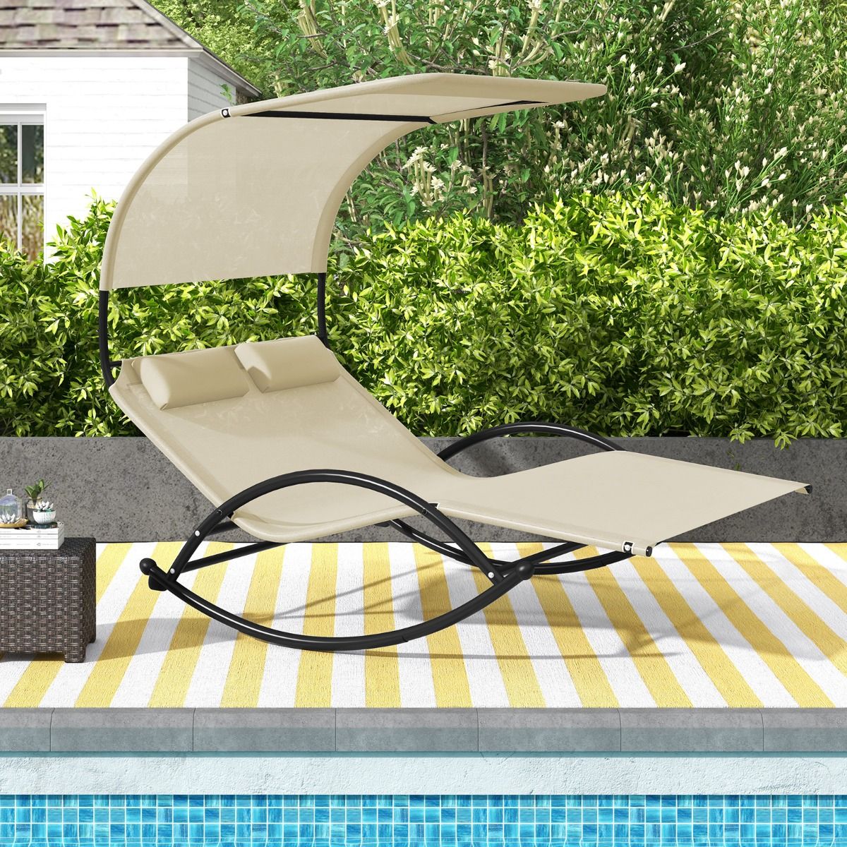 Chaise Longue Double Chaise à Bascule pour 2 Personnes 2 Appui-Têtes Amovibles Cadre en Métal Robuste Lit de Repos Ergonomique 2 Places Gris/Noir/Beige - Lidl-Manfred