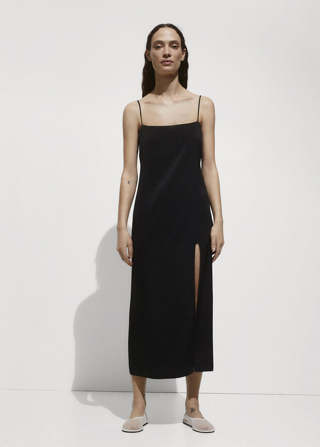 MANGO Side-slit satin dress Black