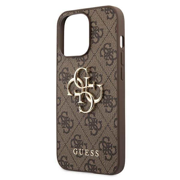 iPhone 13 Pro Leder Hardcase Hülle Metall Logo (GUHCP13L4GMGBR) - Braun / Gold