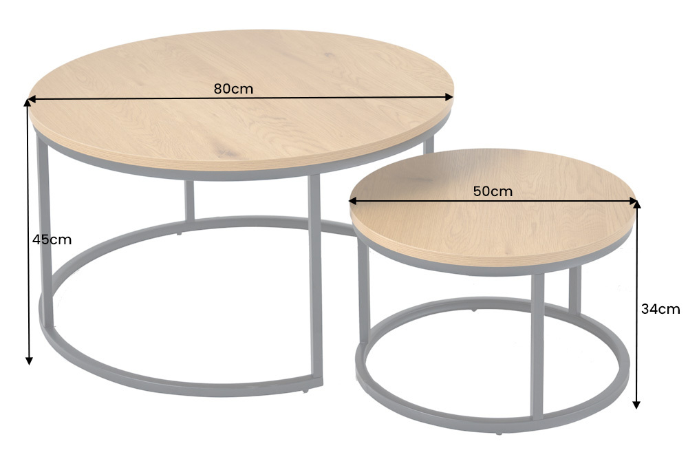 Runde Couchtische 2er Set ELEGANCE 80cm natur Wildeiche Holz-Design schwarzes Metallgestell